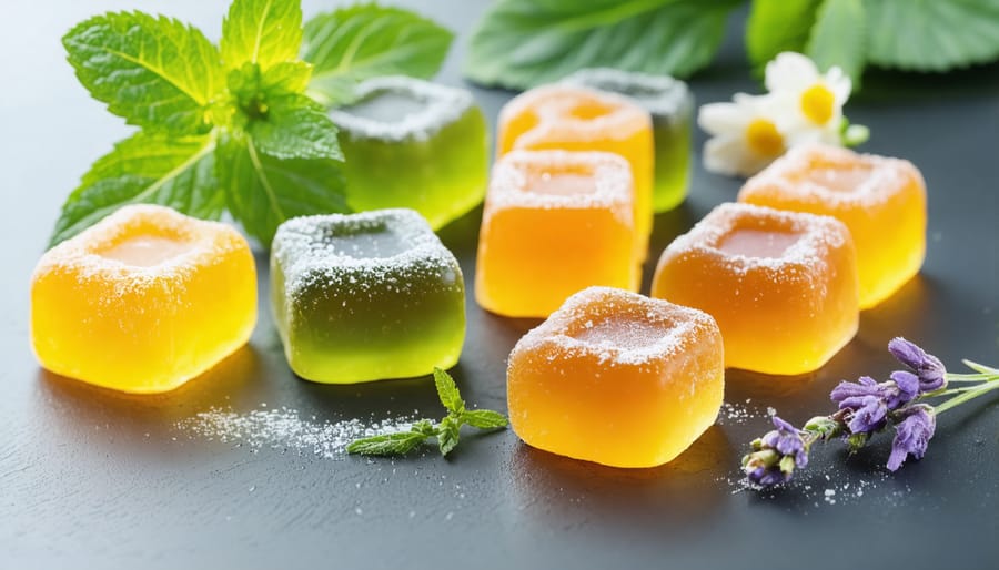 Natural stress relief gummies with images of chamomile, lavender, and lemon balm