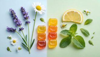 A collection of natural stress relief pregnancy gummies surrounded by chamomile flowers, lavender, and lemon balm, symbolizing calm and relaxation.