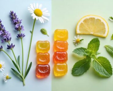 A collection of natural stress relief pregnancy gummies surrounded by chamomile flowers, lavender, and lemon balm, symbolizing calm and relaxation.