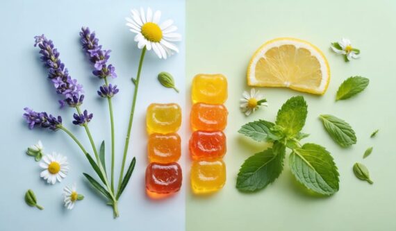 A collection of natural stress relief pregnancy gummies surrounded by chamomile flowers, lavender, and lemon balm, symbolizing calm and relaxation.