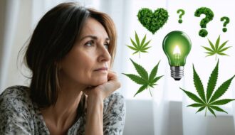 A thoughtful mother considering the benefits and risks of THC for her mental health during pregnancy, surrounded by symbols of cannabis, well-being, and uncertainty.