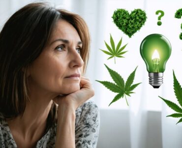 A thoughtful mother considering the benefits and risks of THC for her mental health during pregnancy, surrounded by symbols of cannabis, well-being, and uncertainty.