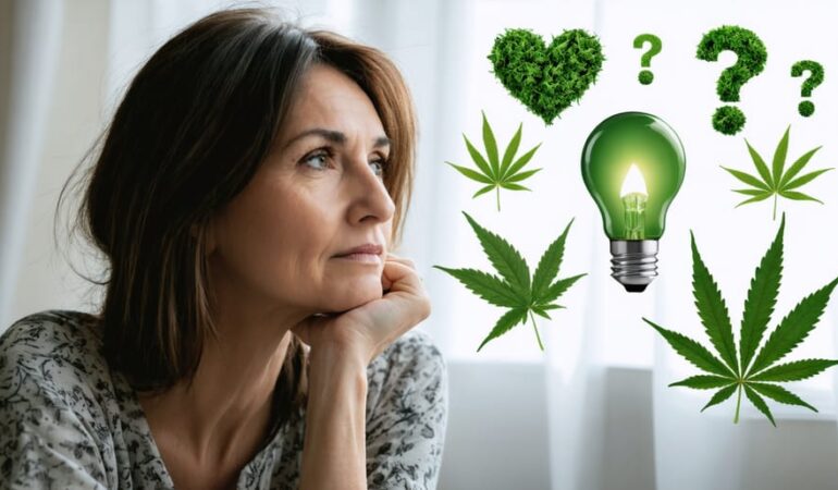 A thoughtful mother considering the benefits and risks of THC for her mental health during pregnancy, surrounded by symbols of cannabis, well-being, and uncertainty.