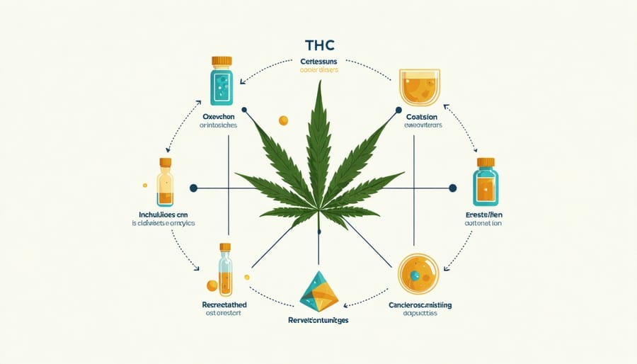 THC molecule with symbols representing its uses